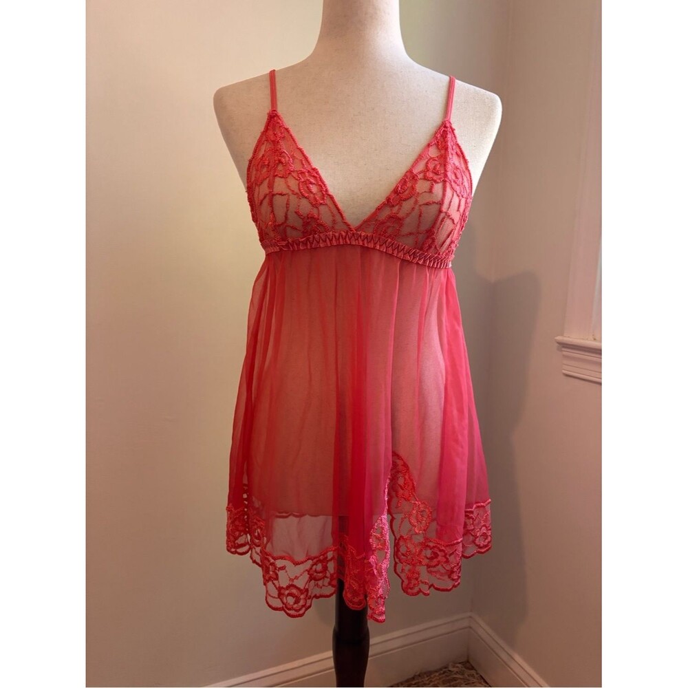 Frederick’s of Hollywood Sheer Pink Lace Babydoll Chemise Lingerie S
